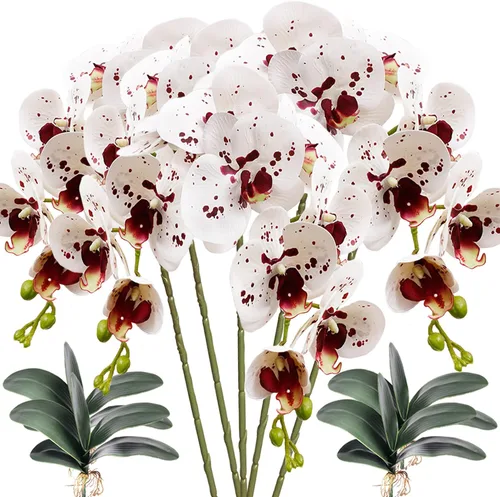 Vista 10 de HinyoCo - 5 flores artificiales de orquídea y 4 paquetes de hojas, flores artificiales de Phalaenopsis de 32 pulgadas para decoración del hogar