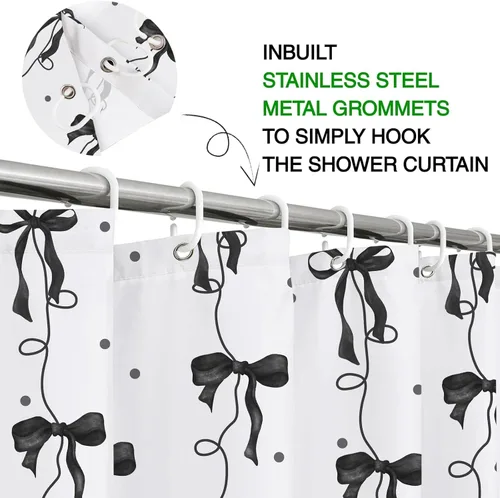 Vista 4 de Cortina de ducha con lazo negro, bonita cortina de ducha coqueta estética para adolescentes y niñas, decoración de tela impermeable con 12 ganchos