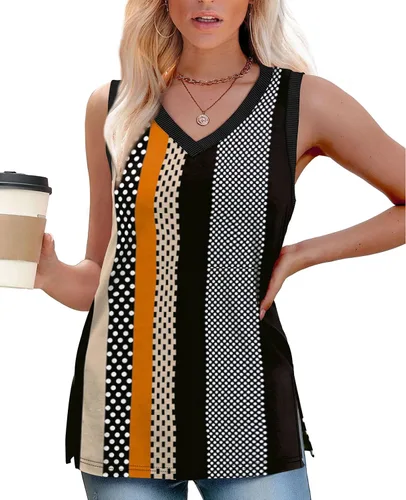 Vista 2 de Camiseta sin mangas para mujer, cuello en V, ajuste holgado, casual, básica, con abertura lateral, sin mangas