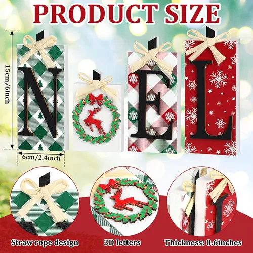 Vista 2 de Decoraciones navideñas de madera de Noel, 4 piezas de decoración rústica de mesa de Navidad, mesa independiente de Navidad, mesa de centro de mesa