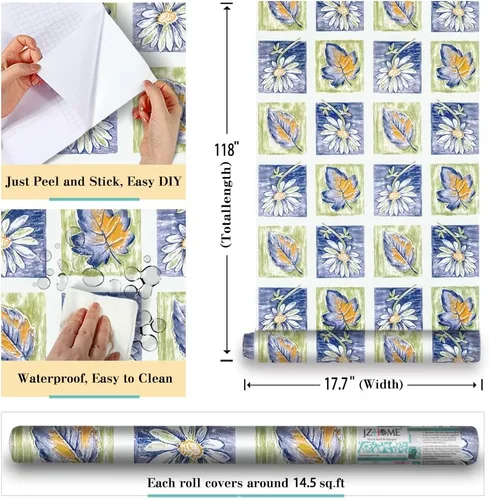 Vista 3 de 8083 - Papel tapiz de hojas florales para despegar y pegar, 17.7 pulgadas x 9.8 pies, mosaico, enrejado, margarita, flores, papel de contacto
