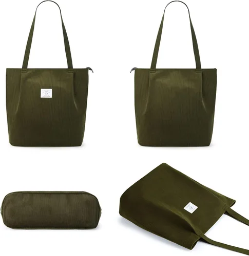 Vista 7 de KALIDI - Bolsa de pana para mujer, con cremallera, casual, de gran capacidad, con bolsillos