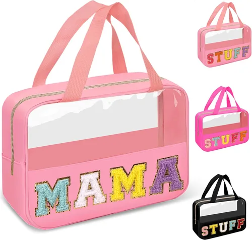 Vista 28 de izuzta Bolsas de maquillaje transparentes tipo tote con letras de chenilla, bolsa de maquillaje preppy con asa, Moda