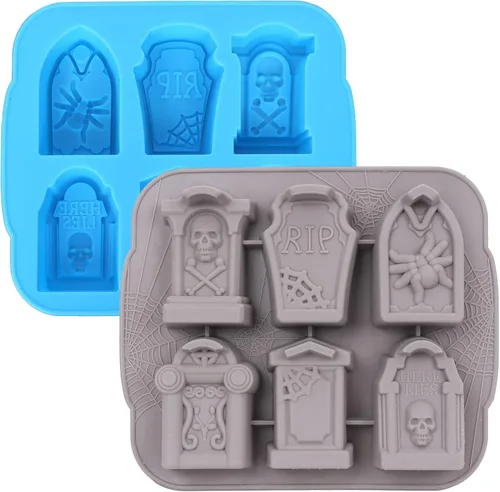 Vista 6 de Bandejas de silicona para cubitos de hielo, molde de lápida de Halloween RIP para hielo, dulces, pasteles, jabón
