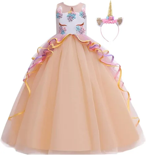 Vista 40 de Disfraz de unicornio para niñas, vestido largo de tul con diadema, fiesta de cumpleaños, carnaval, cosplay