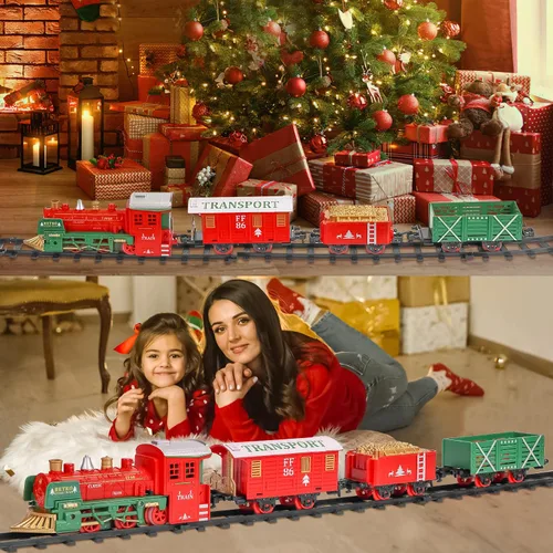 Vista 7 de Juego de tren eléctrico para niños y niñas, juego de tren de Navidad con humo real, sonidos y luces, tren de juguete clásico con motor de locomotora
