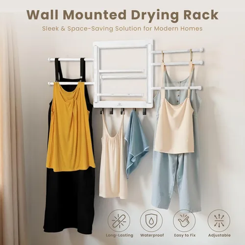 Vista 2 de Estante de Secado de Bambú para Montaje en Pared para Lavandería – Secadora de Ropa Plegable Colapsible con 8 Brazos y 5 Ganchos, Colgador Secador
