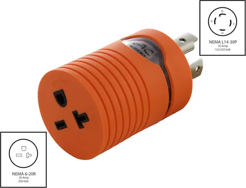 Vista 2 de AC WORKS Enchufe de bloqueo de 4 clavijas L14-30P de 30 amperios a conector hembra NEMA 6-20R de 250 voltios (compacto)