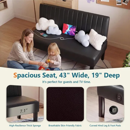 Vista 5 de Sofá biplaza sin brazos, sofá pequeño, piel sintética negra, moderno STHOUYN - Silla de gran tamaño para sala de estar, dormitorio, esquina