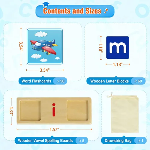Vista 6 de Juguetes de aprendizaje para niños de 3, 4, 5 años - Juego de clasificación y lectura de 116 piezas con letras de vocales cortas, juego