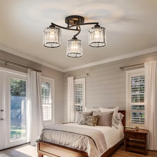Vista 6 de Candelabro de cristal negro, lámpara de techo de 3 luces, accesorio de iluminación moderno para sala de estar, comedor, dormitorio