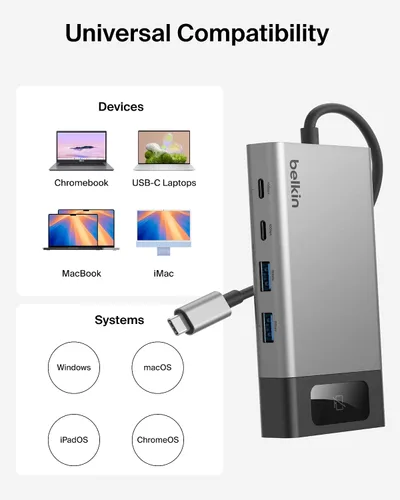 Vista 9 de Belkin USB C Hub, 8-in-1 Multi-Port Hub 100W - Dual Display Support for Windows & Chromebook + Mirrored Support for macOS w/Monitor Privacy
