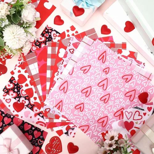 Vista 6 de Ganeen Paquete de 100 piezas de tela para el día de San Valentín de 10 x 10 pulgadas, paquete de tela con estampado de corazón rosa, rojo, rosa