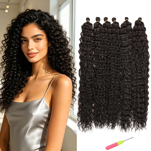 Vista 20 de MAYSA Cabello ondulado de ganchillo azul, cabello ondulado con ganchillo para mujer, extensiones de cabello sintético de onda profunda de 22