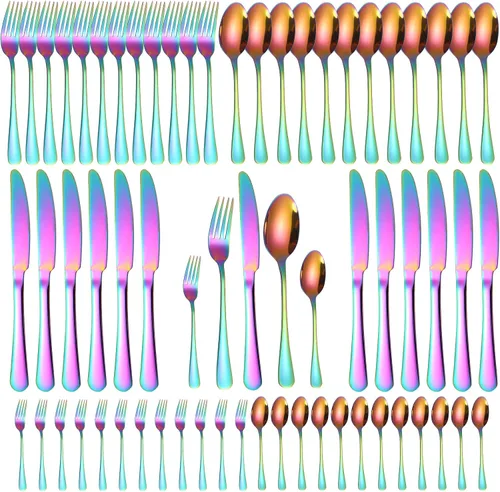 Vista 10 de Juego de cubiertos negros para 12 cubiertos de acero inoxidable, 60 piezas, cuchara, tenedor, cuchillo, utensilios de cocina, mango redondo ancho