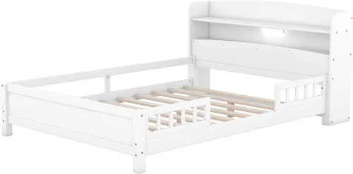 Vista 9 de Harper & Bright Designs Cama de plataforma de tamaño matrimonial con cabecera de almacenamiento, luz LED integrada y barandilla, marco de cama