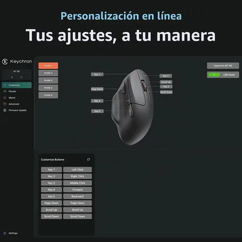 Vista 2 de Keychron M7 8K Ratón Inalámbrico, Ratones de Computadora Ópticos 30K DPI, 2.4 GHz/Bluetooth/Con Cable con Botón Macro 66g Ergonómico Liviano, Hasta