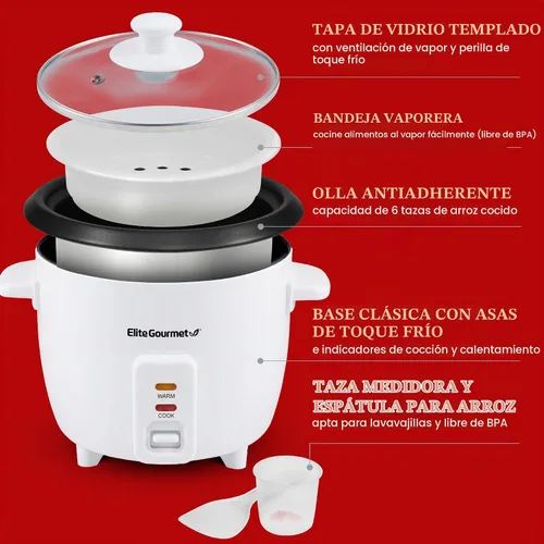 Vista 7 de Elite Gourmet Olla arrocera y vaporera, olla antiadherente, blanco, 6 tazas