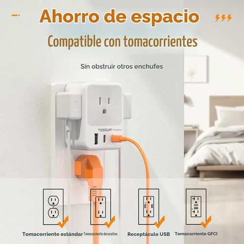 Vista 5 de Divisor de enchufe de pared múltiple, extensor de protector de sobretensión TESSAN de 4 salidas con 3 bloques de carga USB (2 USB C), expansor