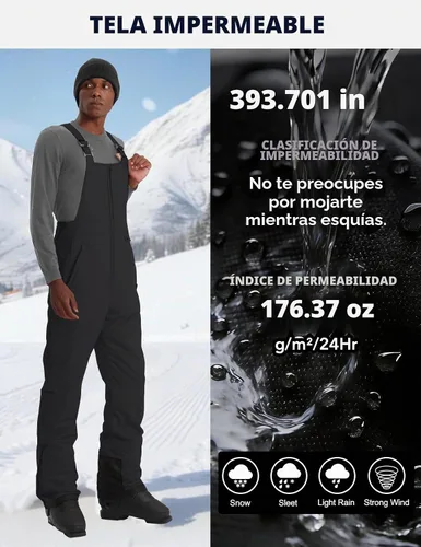 Vista 3 de GEMYSE Overol con peto de esquí impermeable aislado para hombre, pantalones de snowboard de invierno Negro