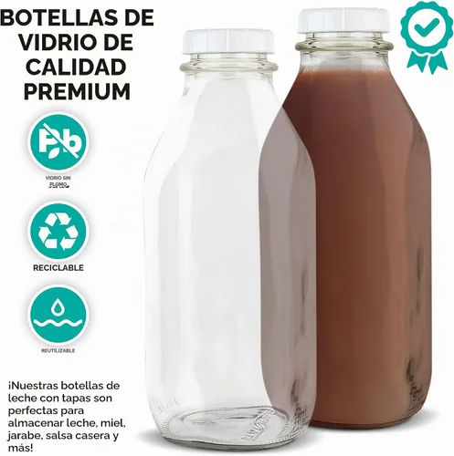 Vista 3 de Stock Your Home Botella de leche de vidrio de un litro con tapa (paquete de 1) jarras de 32 onzas y 3 tapas blancas, contenedor de leche