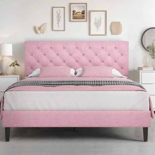 Vista 14 de HOMBCK Base de cama de tamaño individual con cabecera, base de cama tapizada con plataforma de lino para niños, base de cama de tamaño individual
