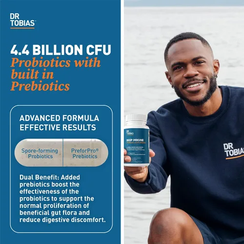 Vista 2 de Dr. Tobias Probióticos y prebióticos inmunes profundos y psyllium diario, apoya la salud digestiva, la función inmune intestinal, suplemento diario