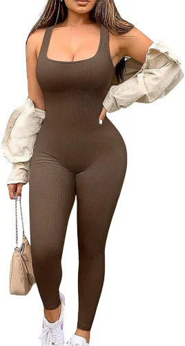 Vista 2 de ECHOINE Overol de una pieza para mujer, sin mangas, acanalado, para yoga, ejercicio, bodycon, talla S XL