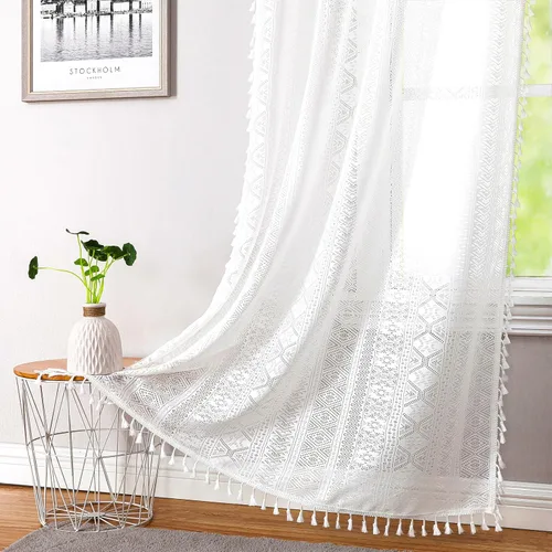 Vista 18 de Cortinas de encaje transparente con borlas de lino bohemio beige, elegante geometría de ganchillo, bolsillo para barra, cortinas de ventana
