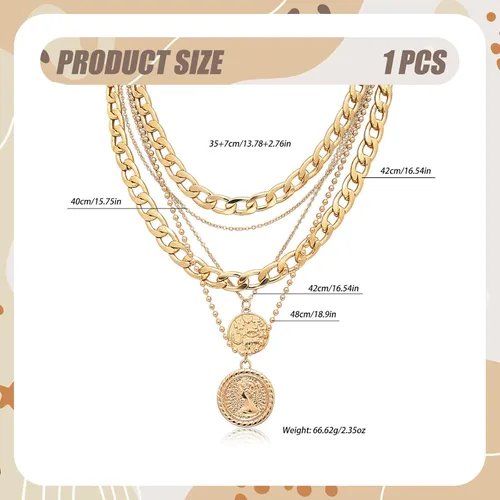 Vista 2 de Vintage Pirate Necklace for Women, Layered Chunky Gold Chain with Coin Pendant, 80s 90s Retro Costume Accessories Women Men Jewelry