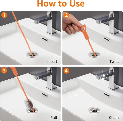 Vista 6 de Amazon Basics Herramienta para eliminar obstrucciones, paquete de 6 con 5 serpientes de drenaje de plástico y 1 de acero inoxidable, desatascador
