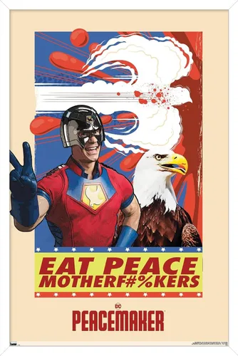 Vista 13 de DC Comics TV Peacemaker - Póster de pared Eat Peace, 22.4 pulgadas de largo x 14.7 pulgadas de ancho, versión enmarcada de madera de granero Versión