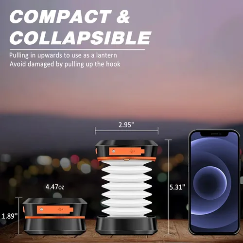 Vista 6 de DIBMS - Paquete de 2 linternas solares plegables para campamento, mini luces colgantes plegables USB recargables a prueba de agua para camping
