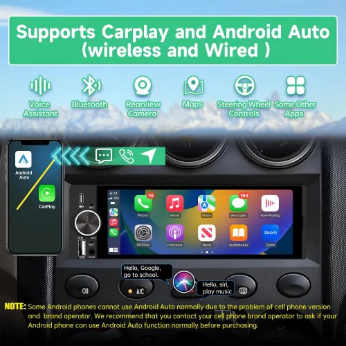 Vista 3 de Estéreo de coche de un solo DIN, CarPlay de 6.36 pulgadas y radio con pantalla táctil IPS Android Auto con Bluetooth con cámara de respaldo
