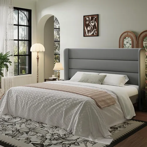 Vista 14 de SHA CERLIN - Base de cama tamaño Full con cabecera tapizada en terciopelo y diseño acanalado vertical; plataforma de cama tapizada con listones