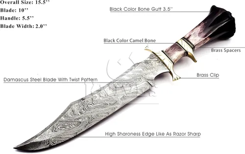 Vista 3 de Noon Knives: Cuchillo Bowie coleccionable de acero de Damasco hecho a mano, mango de hueso de camello (negro)