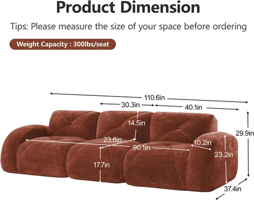 Vista 2 de Sofás modulares modulares de 110.6 pulgadas para sala de estar, sofá moderno de terciopelo sin hueso, no requiere montaje, cómodo sofá sin hueso