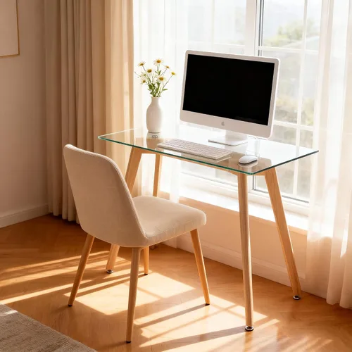 Vista 4 de ivinta TAM-WT - Escritorio de oficina de vidrio, escritorio rectangular de computadora de 43 pulgadas con patas de madera maciza, mesa de comedor