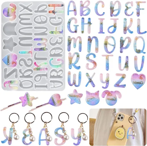 Vista 8 de HyzaPhix 116 moldes de resina del alfabeto, moldes de silicona para joyería, moldes de fundición de epoxi con llaveros, ganchos para aretes