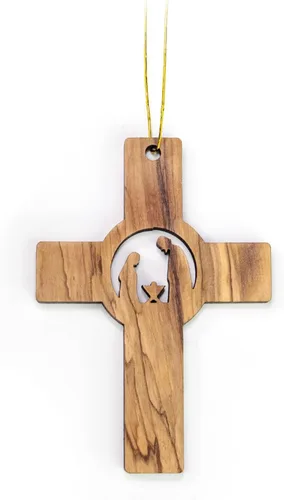 Vista 5 de Adornos de madera de olivo de Tierra Santa, adorno de pesebre de madera con bombilla 2D, pastores y ángeles, adornos de Navidad cristianos de 2 x 4