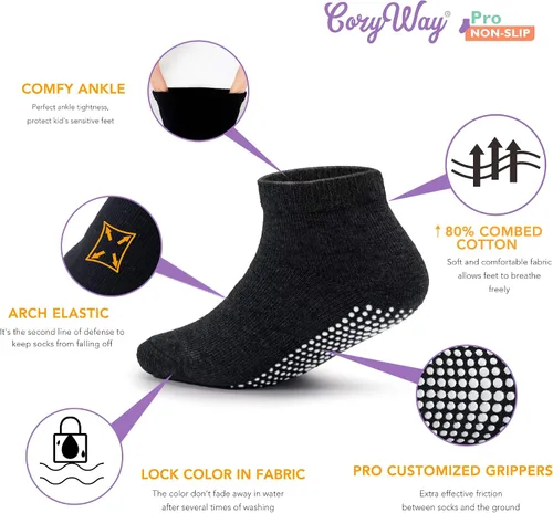 Vista 2 de CozyWay Calcetines de tobillo antideslizantes para niños pequeños con empuñaduras - Calcetines de corte bajo para bebés niñas y niños con pinzas