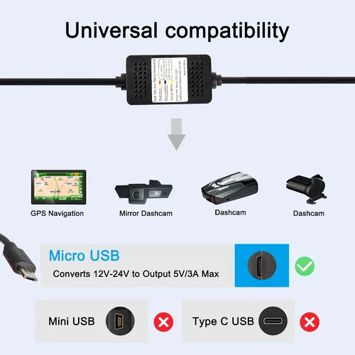 Vista 2 de MEIRIYFA Kit de cable duro Acc para salpicadero, cable micro USB, cable reductor, 12V-24V a DC 5V 3A, cable de alimentación para coche, cámara