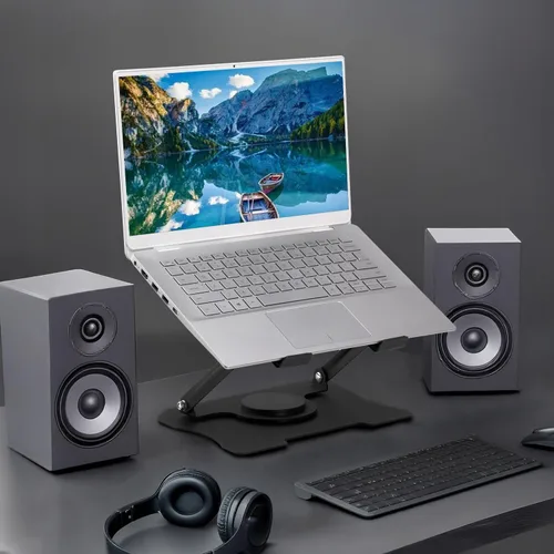 Vista 6 de Soporte ajustable para laptop, elevador portátil de metal giratorio de 360° y plegable, soporte plegable para portátil de viaje para portátiles