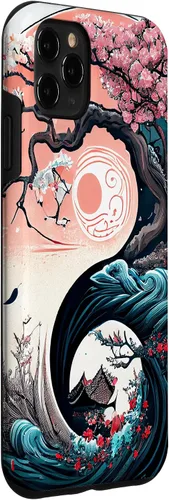 Vista 3 de Funda para iPhone 11 Pro Max Yin Yang Cherry Blossom Bonsái y Great Wave