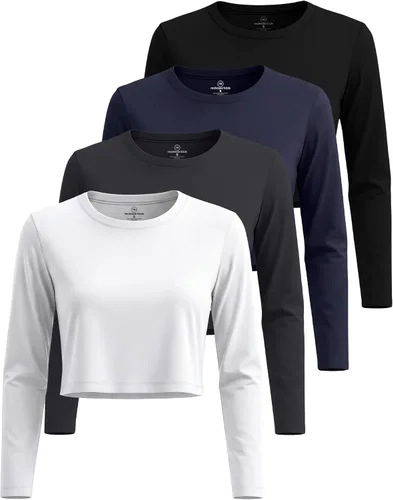 Vista 15 de Real Essentials 4 Pack: Camiseta de manga larga y cuello redondo para mujer, de algodón, recortada - Camiseta casual corta