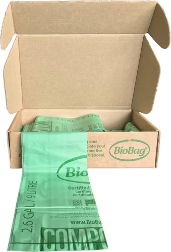 Vista 2 de Bolsas compostables para residuos de alimentos de 2.6 galones de BioBag, 100 unidades, certificadas BPI, cumplen con los estándares ASTM D6400