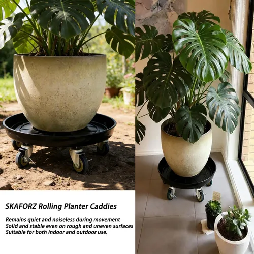 Vista 4 de Organizador de macetas con ruedas (capacidad de 430 libras), soporte de metal resistente con ruedas de freno, bandeja para plantas para interiores