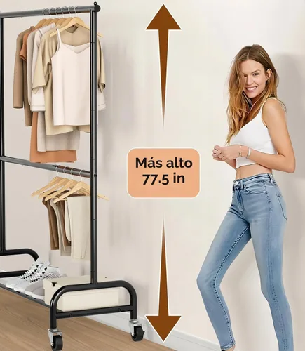 Vista 3 de MISSLO Perchero resistente para ropa con doble varilla para colgar, estante de ropa enrollable, armario de closet con ruedas, metal, ajustable, negro