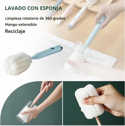 Vista 6 de Cepillo suave para botellas, 2 cepillos de esponja suave y fácil de limpiar, el cepillo de esponja para biberón puede eliminar eficazmente los Azul