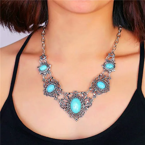 Vista 6 de Simsly Collar de turquesa barroco, collares de plata, cadena y aretes para mujeres y niñas, Cristal, Aleación.